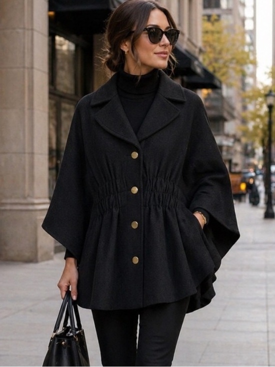 Hilary Radley Jackets & Blazers - NWT Hilary Radley Black Wool Cinched Poncho Cape Coat Batwing-Sleeves Vintage M